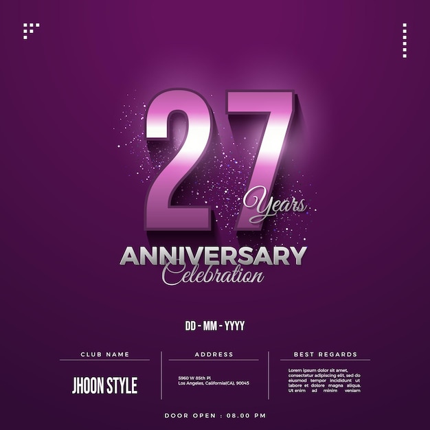 27 aniversario sobre fondo morado y números 3d brillantes.