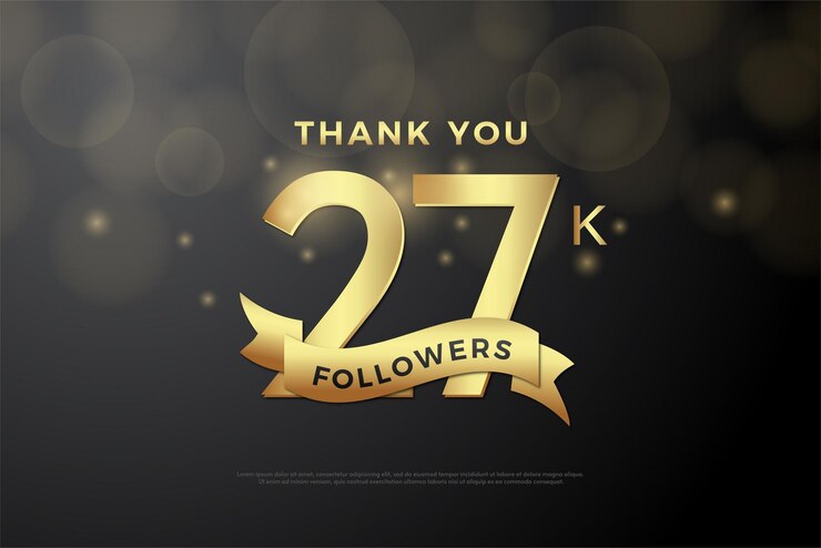 Vector 27 mil seguidores con grandes números de celebración decorados con largas cintas doradas