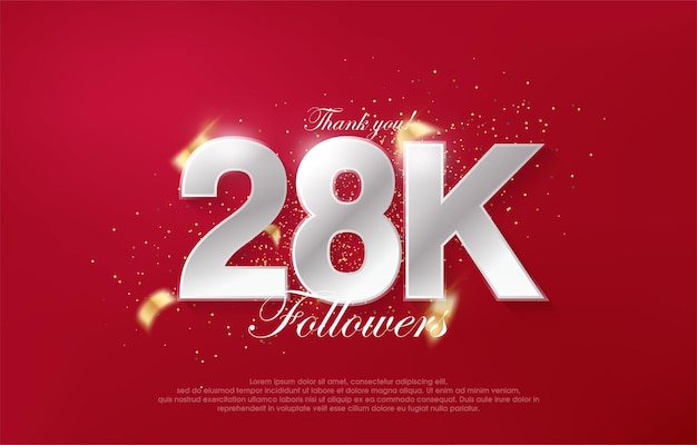28 mil seguidores con lujosos números plateados en un fondo rojo