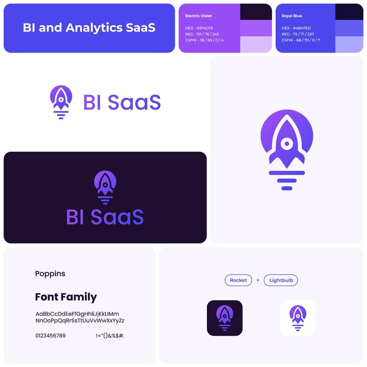 Vector 2d bi y análisis saas logotipo empresarial único con nombre de marca icono de cohete y bombilla elemento de diseño identidad visual fuente poppins adecuado para software de inteligencia de negocios computación en la nube