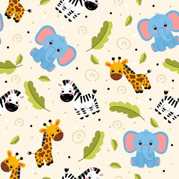 2d dibujos animados animal lindo patrón sin costuras linda jirafa elefante cebra