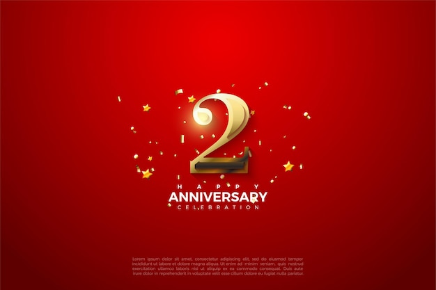 2do aniversario con la ilustración de números dorados brillantes sobre un fondo rojo llamativo.