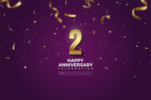 2do aniversario con números de oro cayendo e ilustración de cinta.