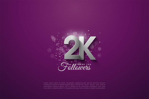 2k seguidores con números plateados sobre fondo morado