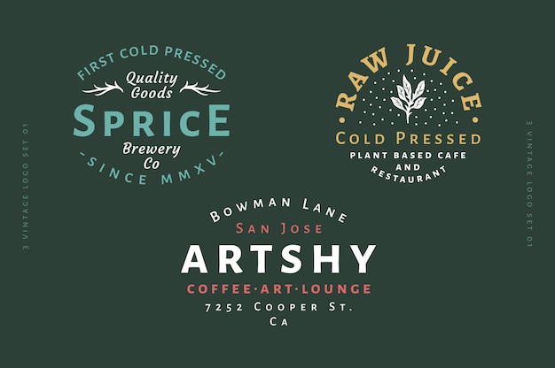 3 Conjunto de logotipos vintage - Logotipo de Sprice Brewery prensado en frío - Logotipo de jugo crudo prensado en frío - Logotipo Artshy Coffee Art & Lounge texto, color y contorno totalmente editables