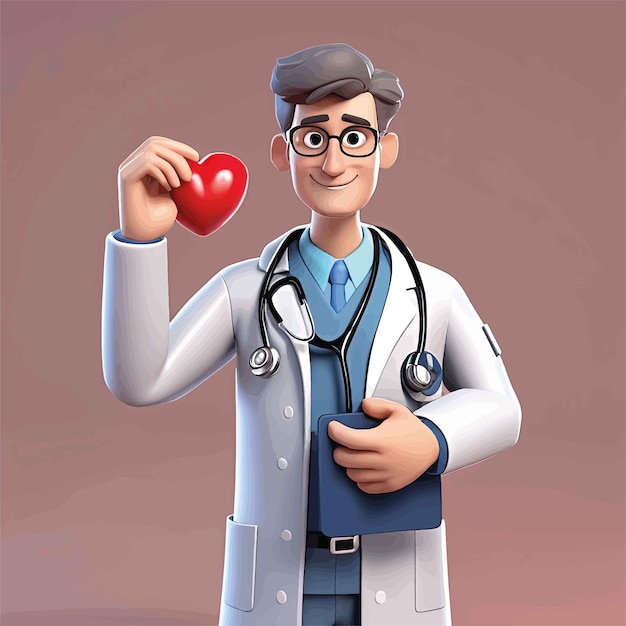 Vector 3 d ilustración un médico sosteniendo un corazón con un estetoscopio en la mano concepto de servicio médico