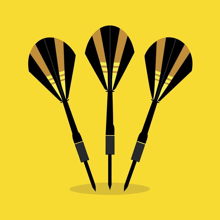 Vector 3 dardos negros perfectos colocados planos sobre un fondo amarillo sólido con espacio de copia utilizando como objetivo y objetivos