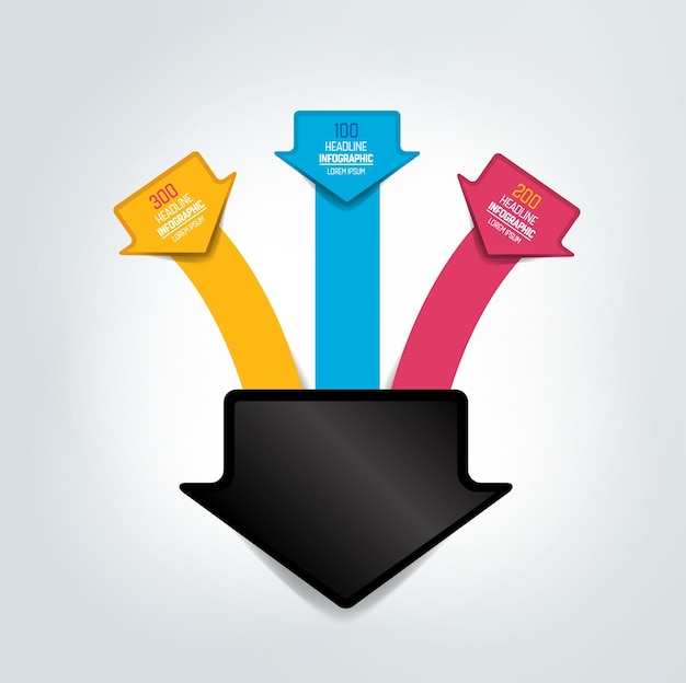 3 flechas que se fusionan en un esquema de gráfico infográfico de un punto
