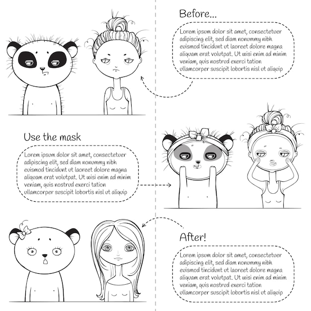 3 pasos Tratamiento facial instrucción monocromática niña y panda
