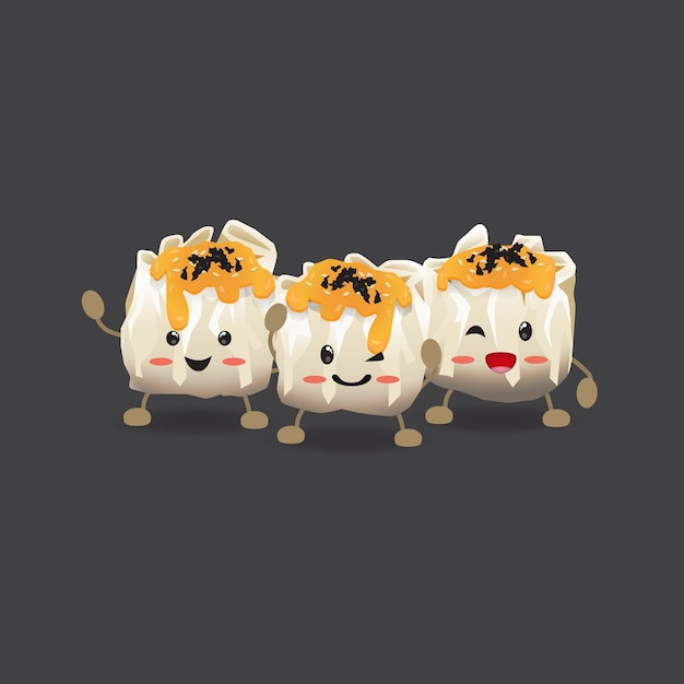 3 personajes de bola de masa hervida dimsum cubiertos con queso derretido con varias expresiones
