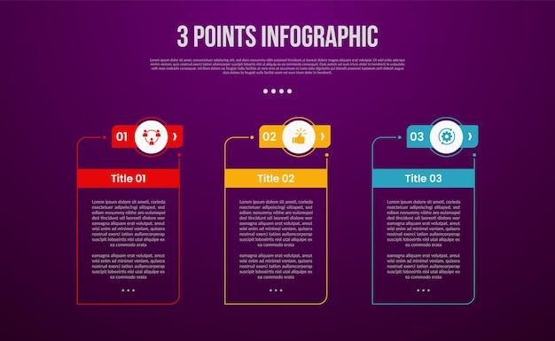 3 puntos o paso proceso infográfico con gran cuadro de tabla con encabezado creativo círculo de contorno con estilo oscuro moderno para la presentación de diapositivas