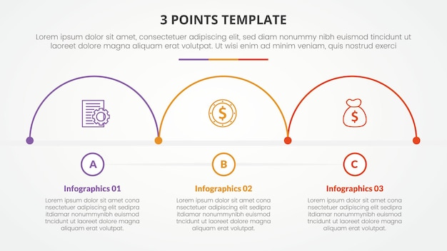 3 puntos plantilla de etapa concepto infográfico para presentación de diapositivas con contorno de medio círculo dirección horizontal con lista de 3 puntos con estilo plano
