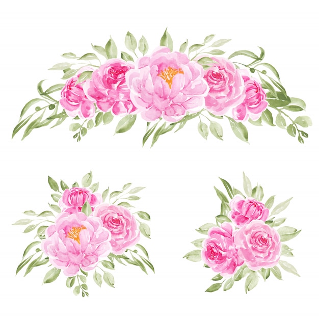 3 ramos de flores de peonía rosa acuarela