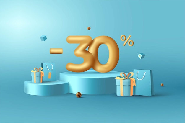 Vector 30 por ciento de descuento en números de descuento de oro 3d en el podio con bolsa de compras y caja de regalo