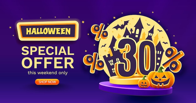 30 por ciento de descuento en la plantilla de banner de venta de Halloween Podio y números con cantidad de descuento Oferta especial de octubre Vector