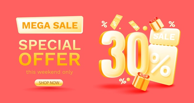 30 por ciento Oferta especial mega venta Cheque y caja de regalo Banner y cartel de venta Vector