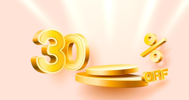 30 de descuento composición creativa símbolo de venta 3d con objetos decorativos podio de confeti dorado y caja de regalo banner de venta y póster vector