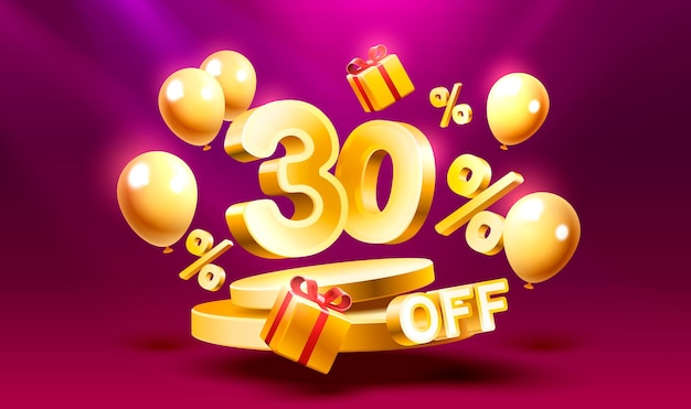 30 de descuento Composición creativa Símbolo de venta 3d con objetos decorativos Podio de confeti dorado y caja de regalo Banner de venta y póster Vector