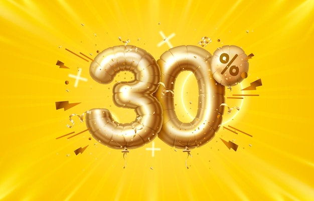 30% de descuento. Descuento composición creativa. Símbolo de venta de oro 3D con objetos decorativos, globos en forma de corazón, confeti dorado, podio y caja de regalo. Cartel y pancarta de venta. Ilustración vectorial.
