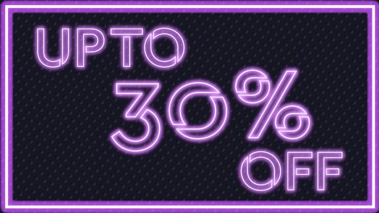 HASTA UN 30 % DE DESCUENTO en el letrero de neón púrpura brillante. Ilustración realista.