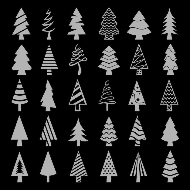 30 piezas de árboles de Navidad abstractos de diferentes formas geométricas sobre un fondo oscuro Vector