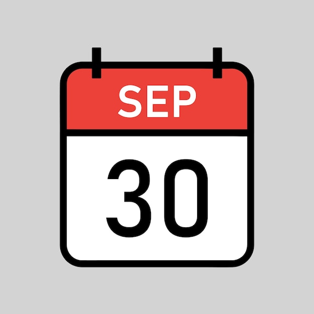 Vector 30 de septiembre página de calendario de color rojo y blanco con fecha de calendario de contorno negro ilustración vectorial simple