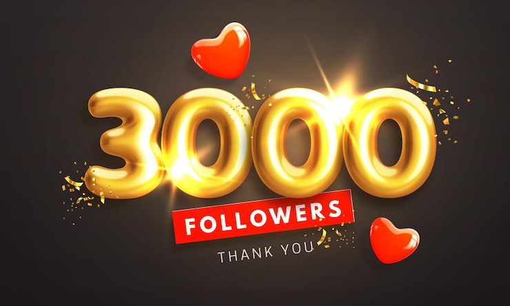 Vector 3000 seguidores banner de celebración gracias 3k seguidores gente números 3d dorados y corazones rojos