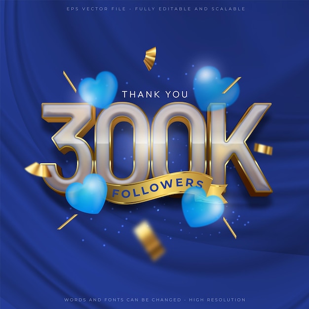 Vector 300k gracias a los seguidores y suscriptores de las redes sociales con un efecto de estilo dorado de fuente editable