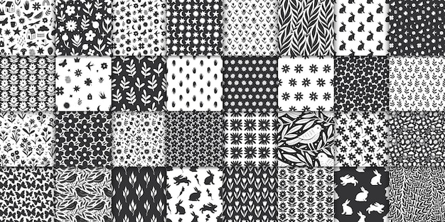 32 adorables dibujos sin costura dibujados a mano con flores, hojas, pájaros y símbolos.
