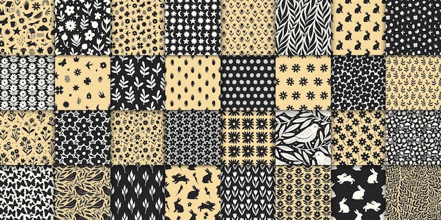 32 adorables dibujos sin costura dibujados a mano con flores, hojas, pájaros y símbolos.