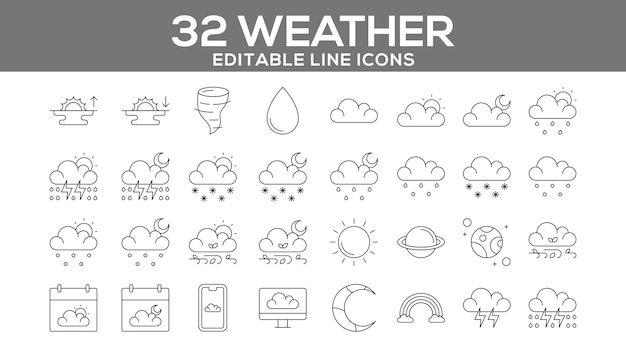 32 Iconos de línea meteorológica editables para pronosticar estaciones e ilustraciones climáticas