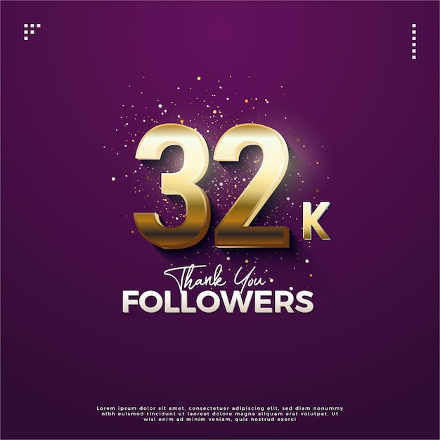 32k seguidores con números de celebración de oro brillante diseño vector premium