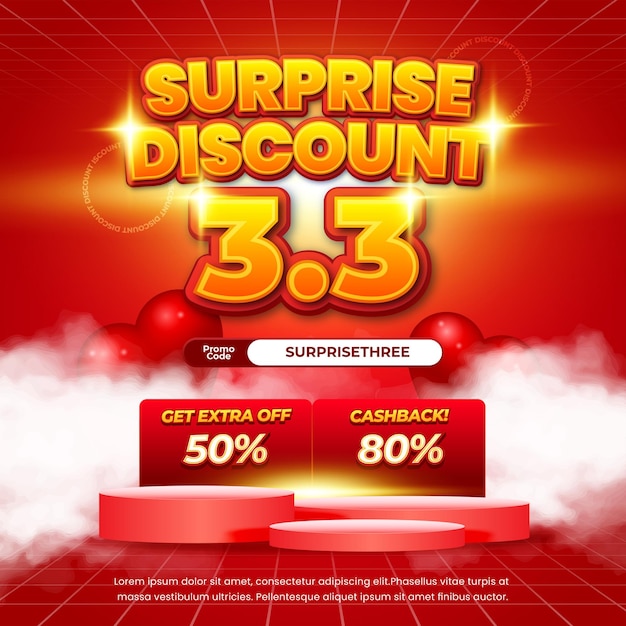 33 días de compras ofertas de descuento de venta con vector de banner de vitrina de podio de gradiente rojo