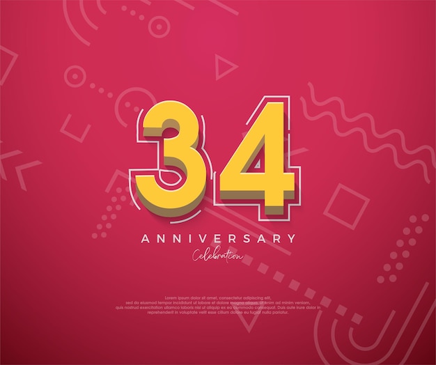 34 Aniversario con un diseño de dibujos animados con un fondo rojo limpio Vector Premium para cartel banner saludo de celebración