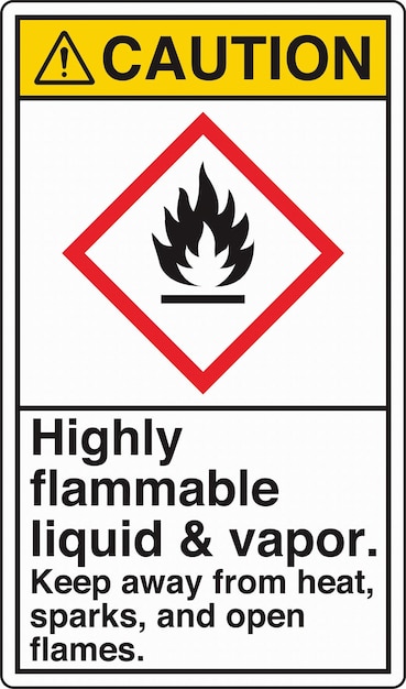 35 ANSI Z535 GHS Etiqueta de productos químicos Precaución Líquido y vapor altamente inflamables Manténgase alejado de las chispas de calor