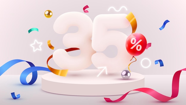 35 por ciento de descuento en composición creativa símbolo de venta 3d con objetos decorativos globos