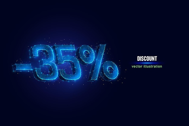 35 por ciento de descuento en estructura metálica digital hecha de puntos conectados. Ilustración de vector de baja poli de descuento de vacaciones sobre fondo azul.