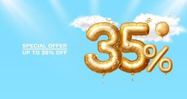 35 de descuento Composición creativa 3d Símbolo de venta dorada con objetos decorativos confeti dorado