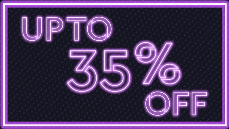 HASTA UN 35 % DE DESCUENTO en el letrero de neón púrpura brillante. Ilustración realista.