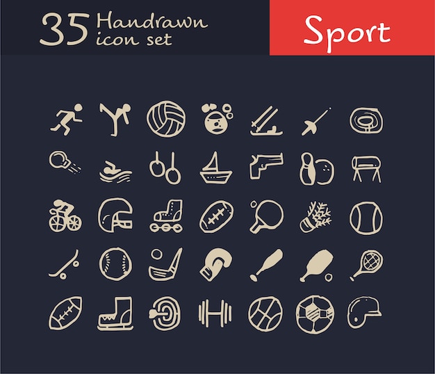 35 icono de deporte dibujado a mano. doodle icono de deporte