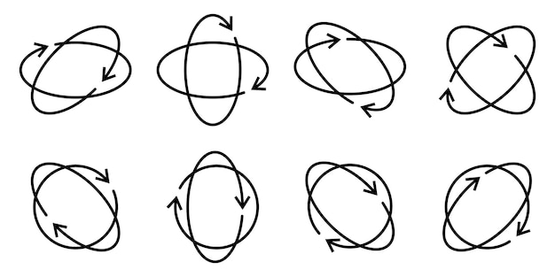 360 grados de rotación Círculo Icon Set Line Art Vector aislado en fondo blanco Simple y moderno