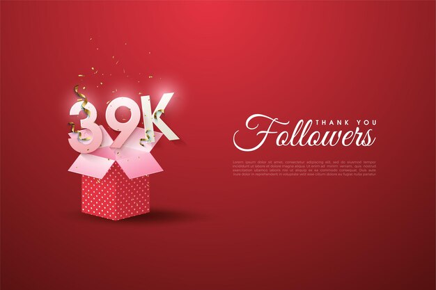 39k seguidores con decoración de caja de regalo 3d.