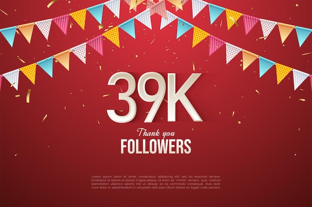 39k seguidores sobre fondo rojo y decoración de cortinas de papel de celebración.