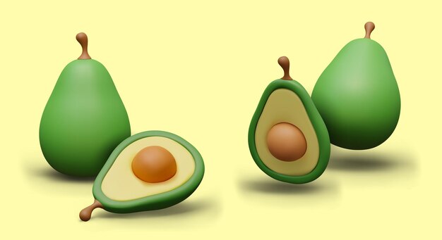 3D aguacate verde y mitad con piedra Conjunto de imágenes en estilo plastilina