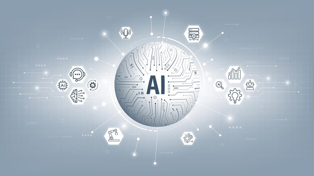 3D AI globe combined with circuit board pattern on hightech background Big data deep learning concepts in generative AI and robotic Future cybernetic artificial intelligence Vector illustration
