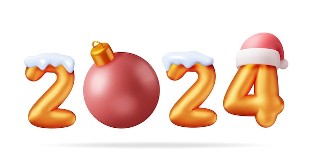 3d Balón de Oro Símbolo de Año Nuevo 2024 Renderizado aislado Dorado 2024 Número Decoración de Fiestas de Fiestas Balón metálico Fuente brillante Año Nuevo y Celebración de Navidad Ilustración vectorial realista
