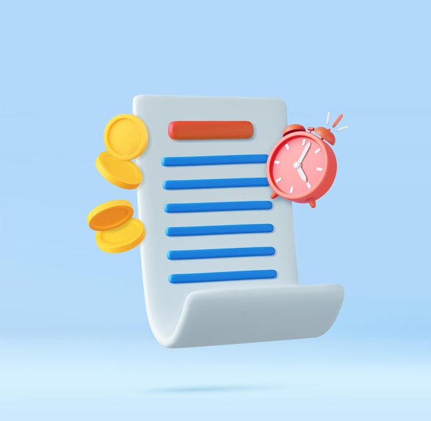 3d Bill con reloj y monedas de oro para transacción de pago Metafora financiera que revela el concepto de pagar facturas e impuestos de la temporada Ilustración vectorial de renderización 3D