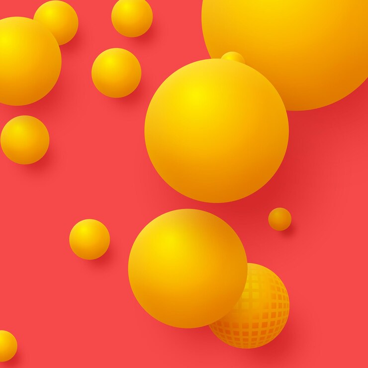 Vector 3d bolas amarillas sobre fondo rojo. fondo abstracto de esferas flotantes.