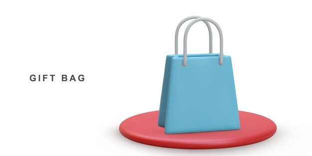 3d bolsa de compras azul realista en podio aislado sobre fondo blanco ilustración vectorial