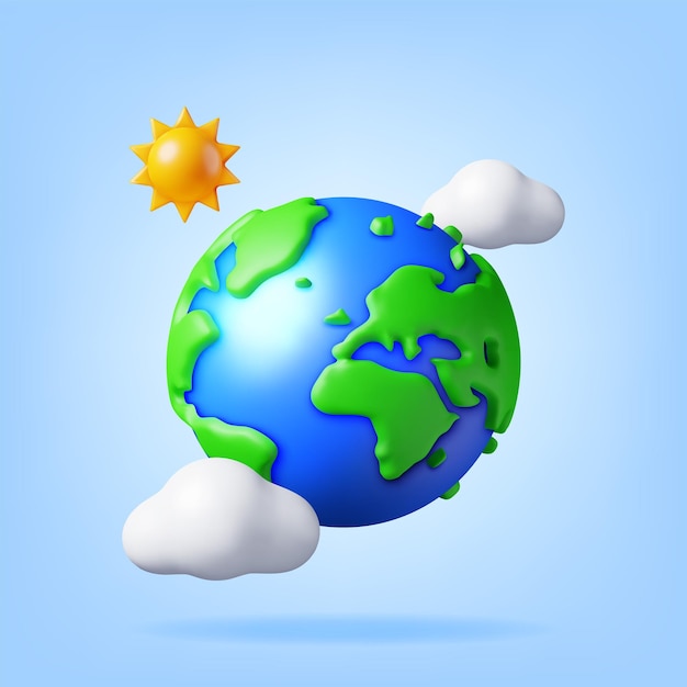 3D Cartoon Planeta Tierra en las nubes con Sol Render Mundo Mapa Silueta Icono del Planeta Cartografía y Geografía Día de la Tierra Salvar el Planeta Verde Conservación del Medio Ambiente Concepto Ilustración vectorial